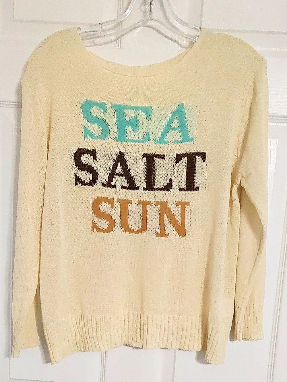 Define Your Fashion Sea Salt Sun Graphic Sheer Knit Sweater Cream & Blue Medium